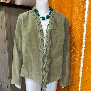 Dialogue Fringed Suede Jacket in sage Green